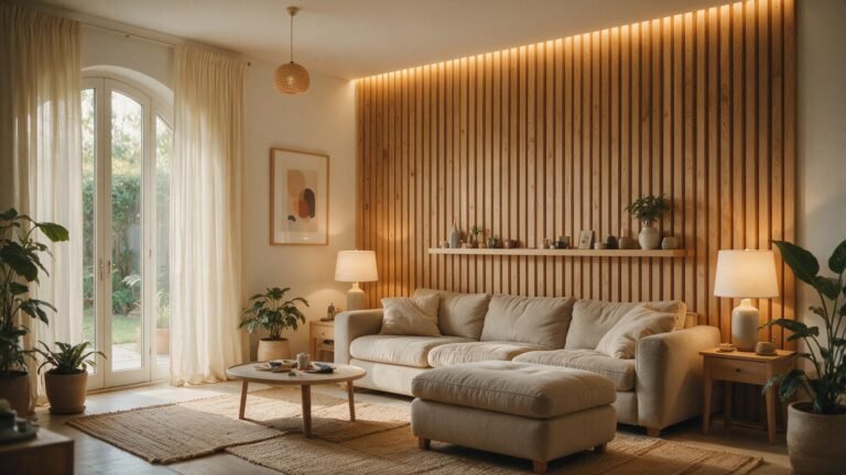 Mur d'accent en tasseaux de bois verticaux derrière un canapé, ambiance chaleureuse