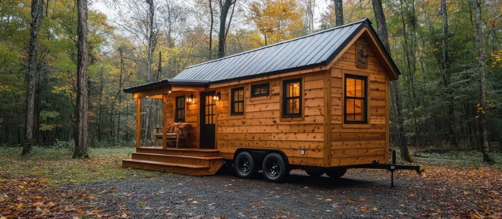 Petite tiny house en bois sur remorque, posée en lisière de forêt sous une lumière douce